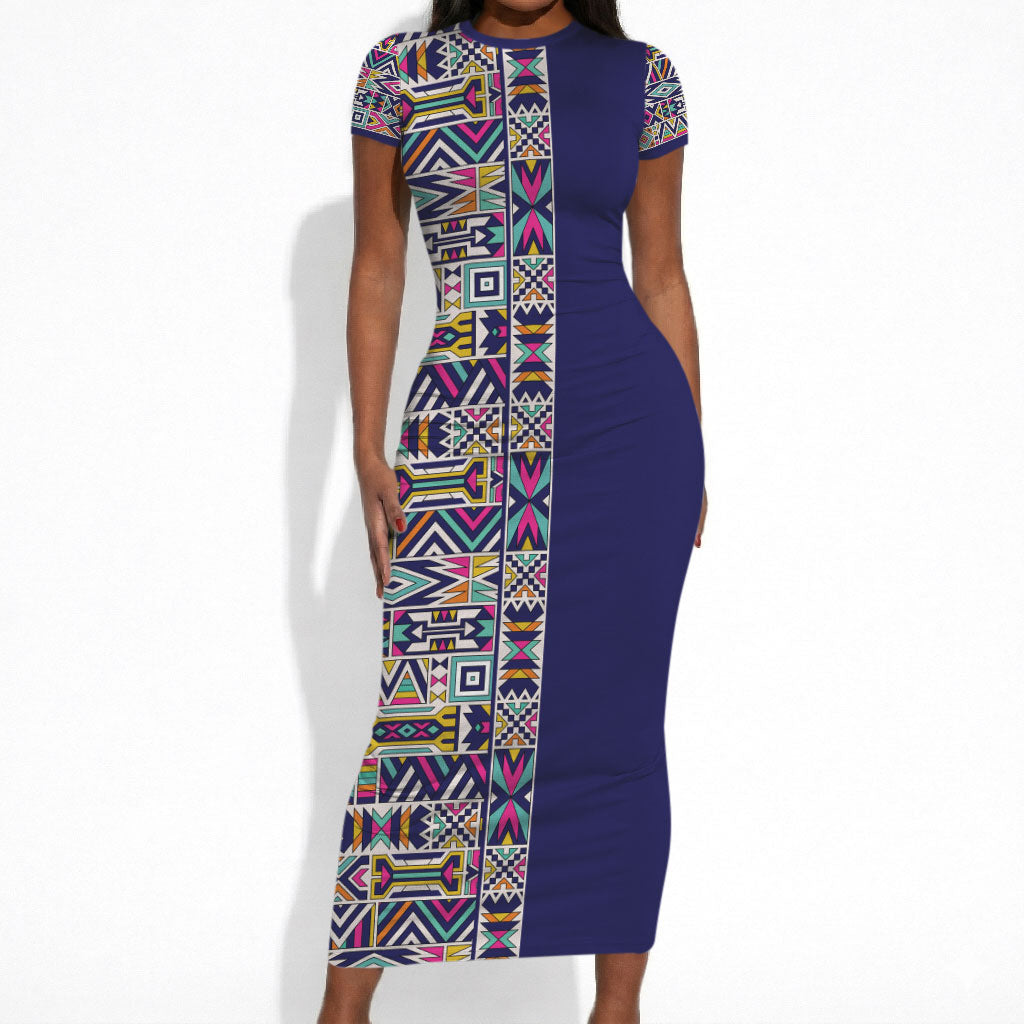 African Ndebele Art Patterns Short Sleeve Bodycon Dress Navy Blue Half Style