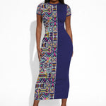 African Ndebele Art Patterns Short Sleeve Bodycon Dress Navy Blue Half Style