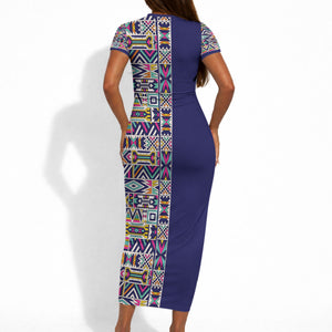 African Ndebele Art Patterns Short Sleeve Bodycon Dress Navy Blue Half Style