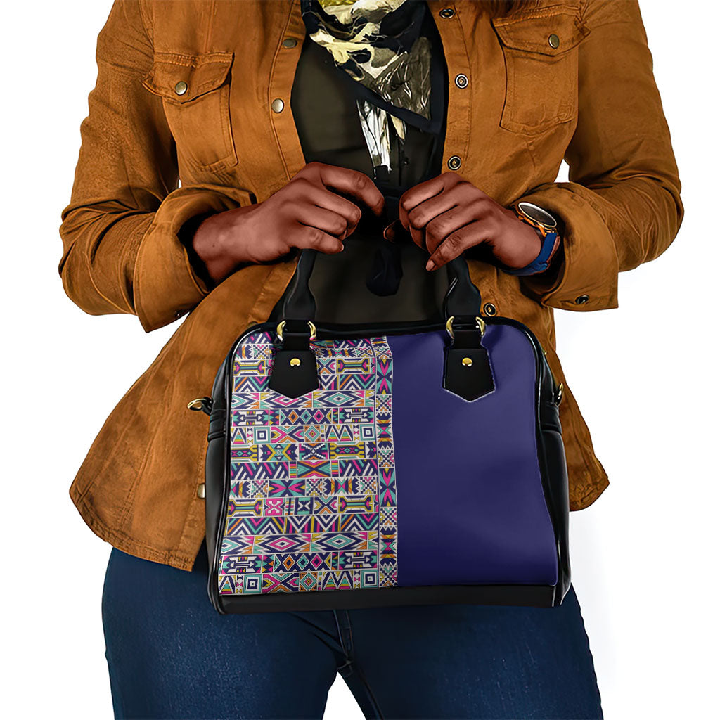 African Ndebele Art Patterns Shoulder Handbag Navy Blue Half Style
