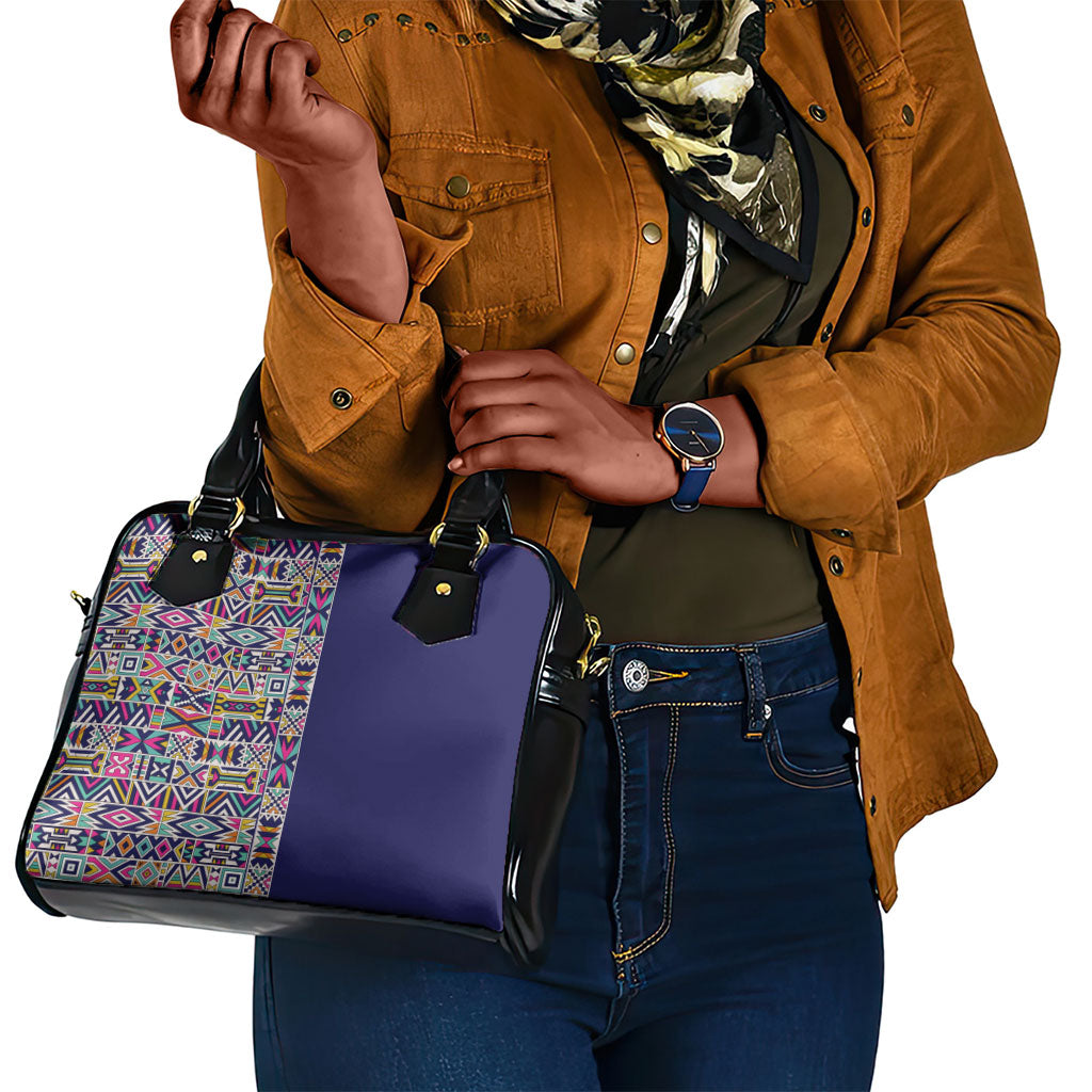 African Ndebele Art Patterns Shoulder Handbag Navy Blue Half Style
