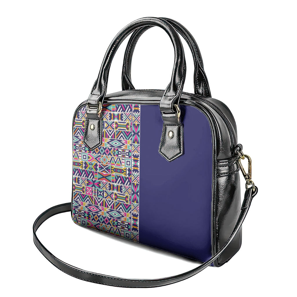 African Ndebele Art Patterns Shoulder Handbag Navy Blue Half Style