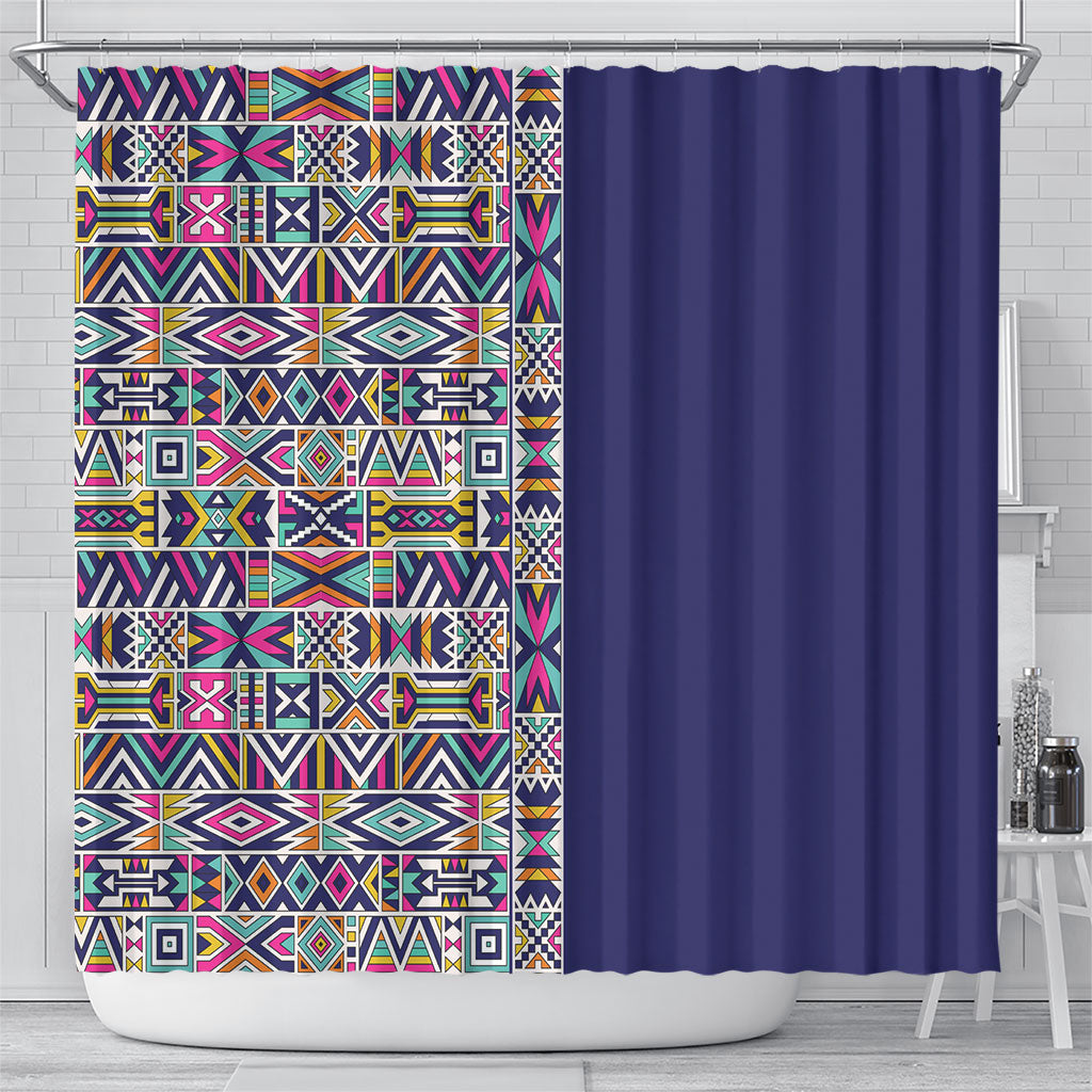 African Ndebele Art Patterns Shower Curtain Navy Blue Half Style