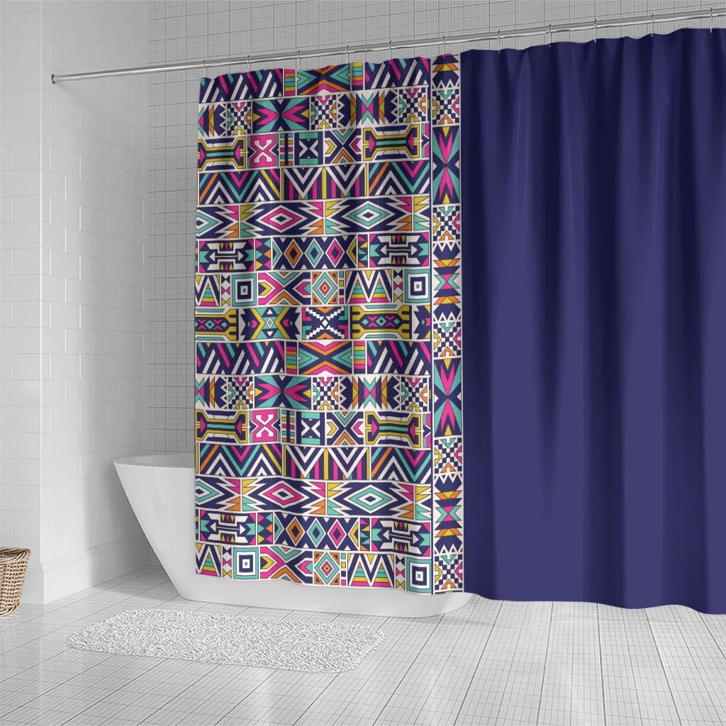 African Ndebele Art Patterns Shower Curtain Navy Blue Half Style