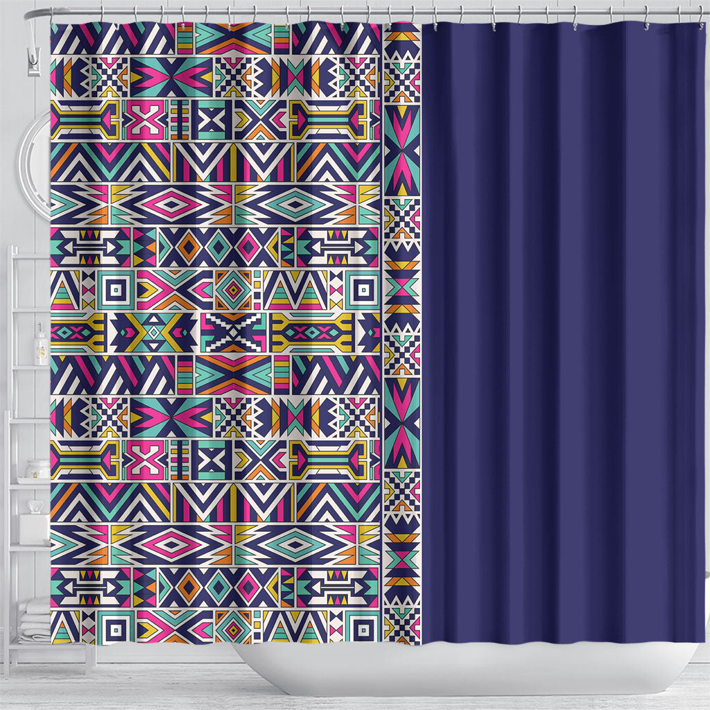 African Ndebele Art Patterns Shower Curtain Navy Blue Half Style