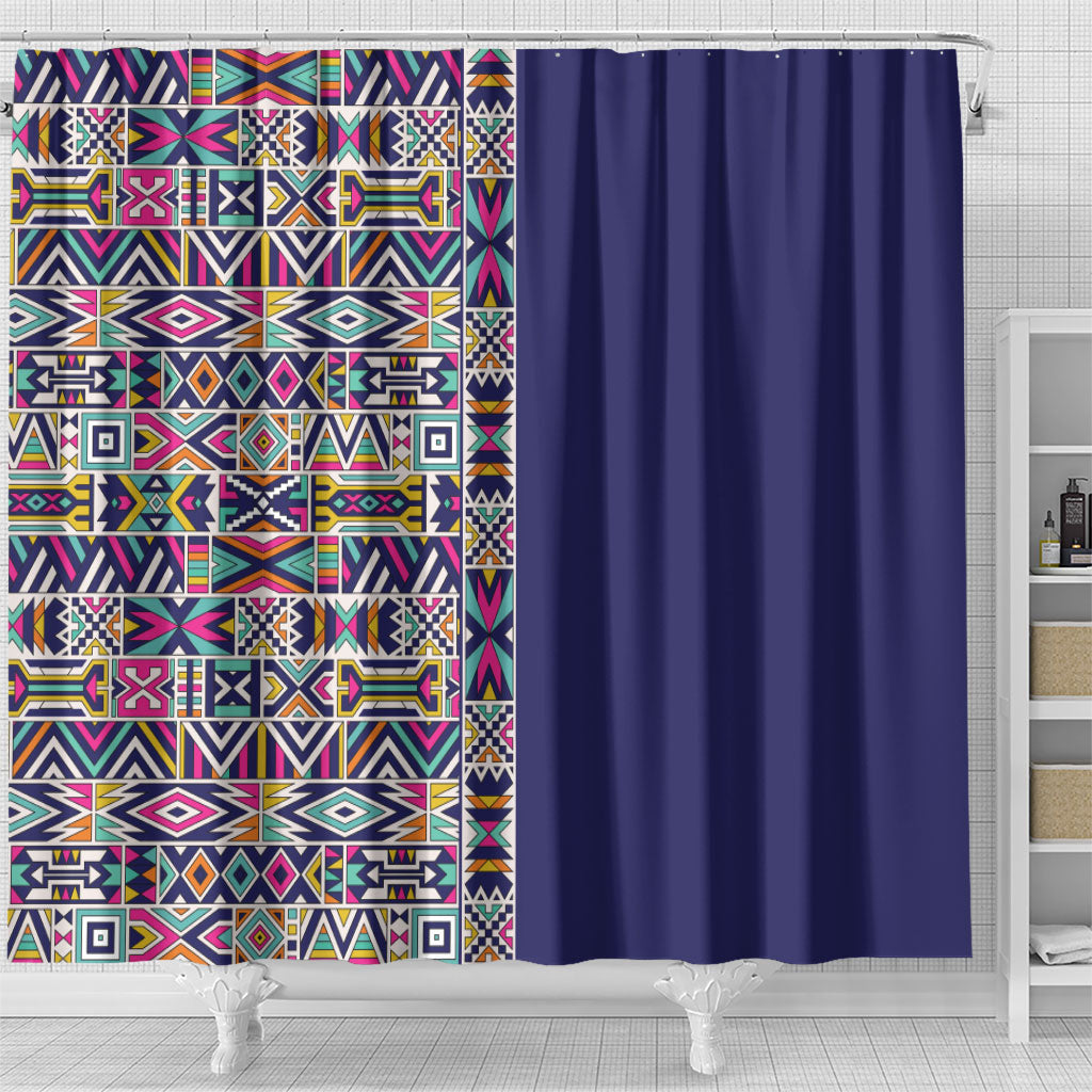 African Ndebele Art Patterns Shower Curtain Navy Blue Half Style