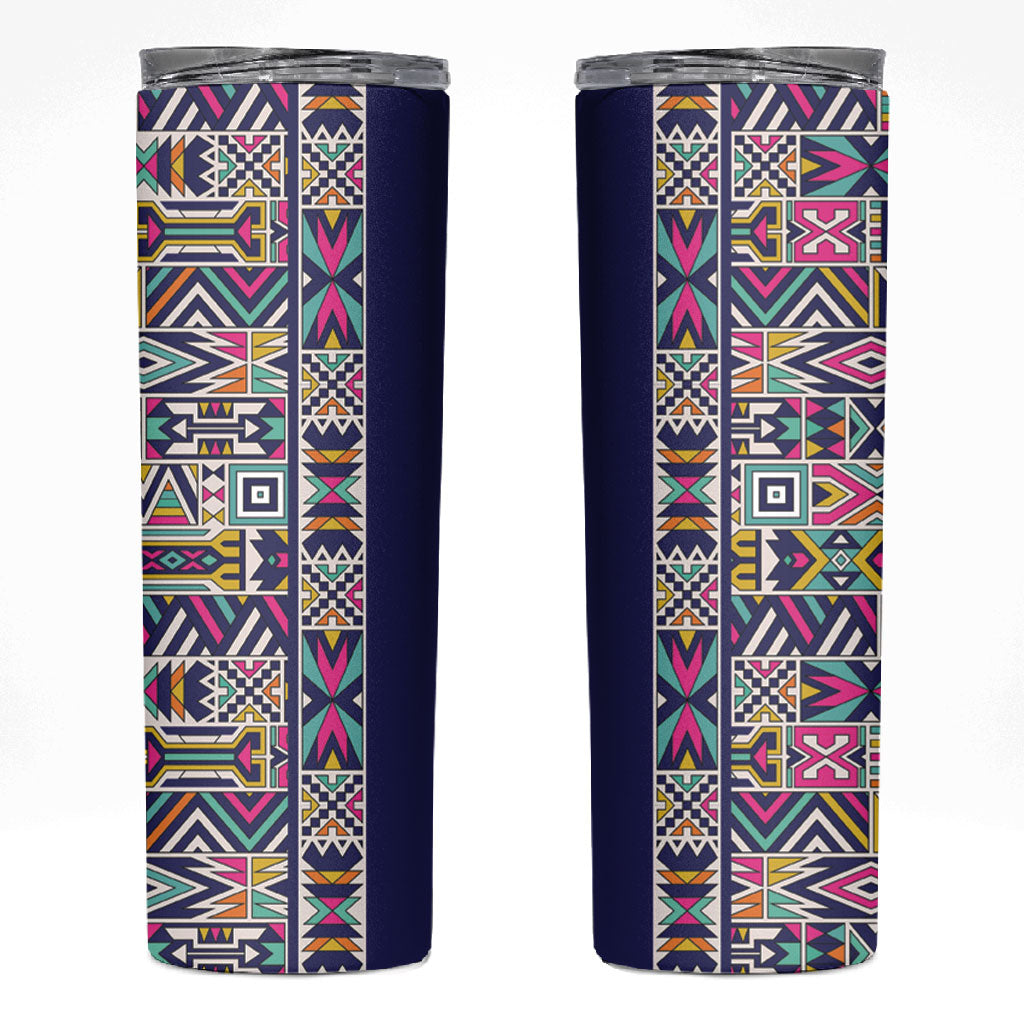 African Ndebele Art Patterns Skinny Tumbler Navy Blue Half Style