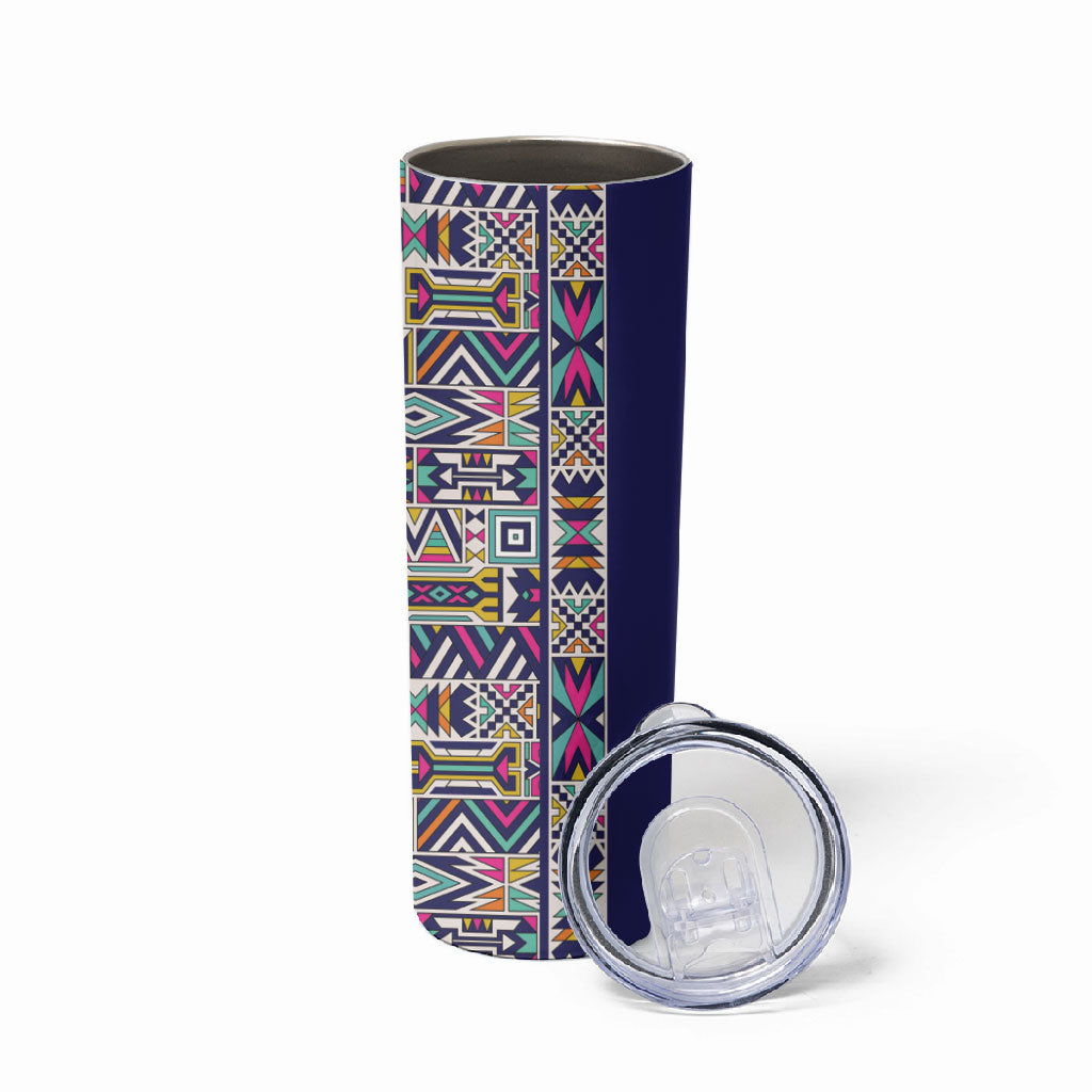 African Ndebele Art Patterns Skinny Tumbler Navy Blue Half Style