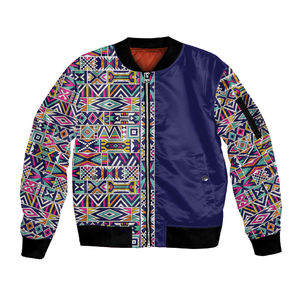 African Ndebele Art Patterns Sleeve Zip Bomber Jacket Navy Blue Half Style