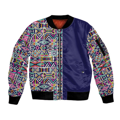 African Ndebele Art Patterns Sleeve Zip Bomber Jacket Navy Blue Half Style