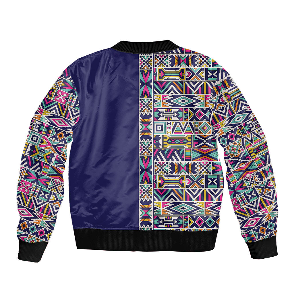 African Ndebele Art Patterns Sleeve Zip Bomber Jacket Navy Blue Half Style