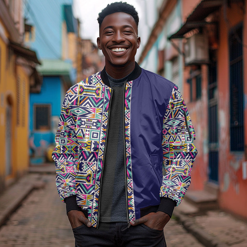 African Ndebele Art Patterns Sleeve Zip Bomber Jacket Navy Blue Half Style