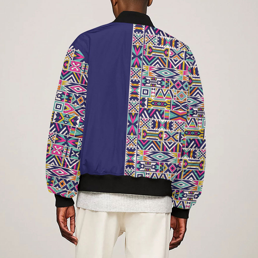 African Ndebele Art Patterns Sleeve Zip Bomber Jacket Navy Blue Half Style