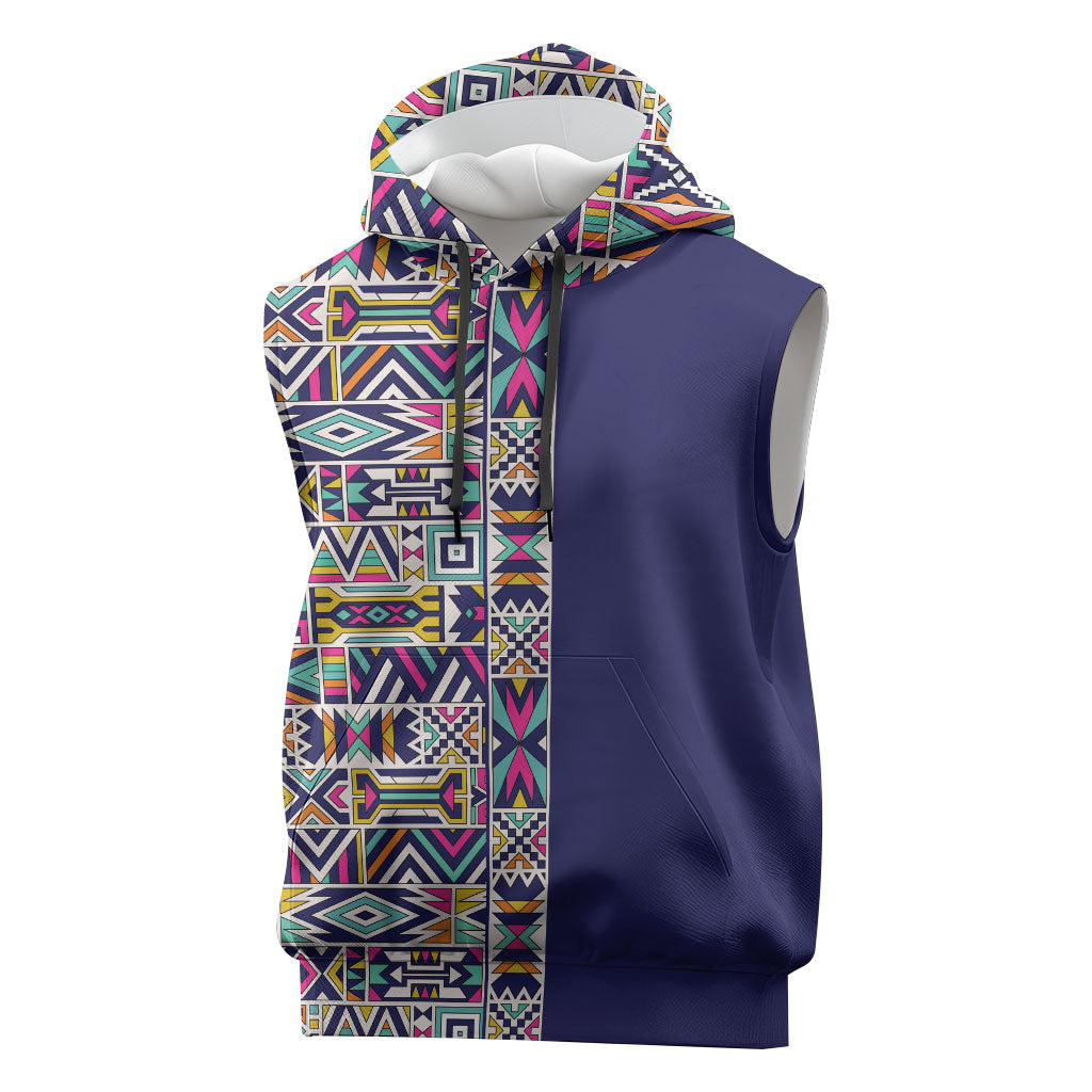 African Ndebele Art Patterns Sleeveless Hoodie Navy Blue Half Style