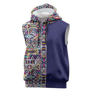 African Ndebele Art Patterns Sleeveless Hoodie Navy Blue Half Style