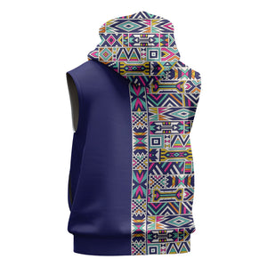 African Ndebele Art Patterns Sleeveless Hoodie Navy Blue Half Style