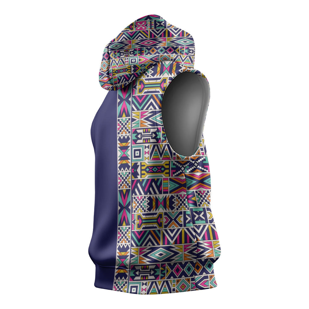 African Ndebele Art Patterns Sleeveless Hoodie Navy Blue Half Style