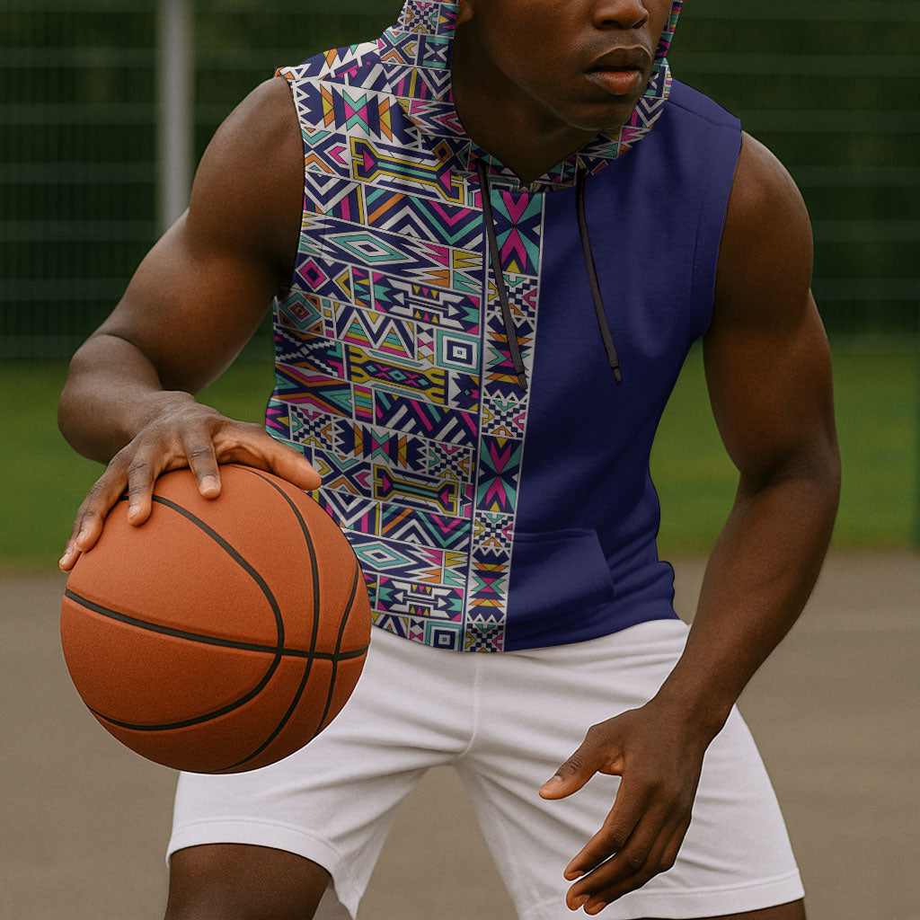 African Ndebele Art Patterns Sleeveless Hoodie Navy Blue Half Style