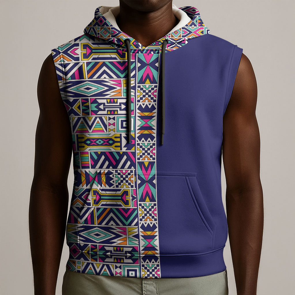 African Ndebele Art Patterns Sleeveless Hoodie Navy Blue Half Style