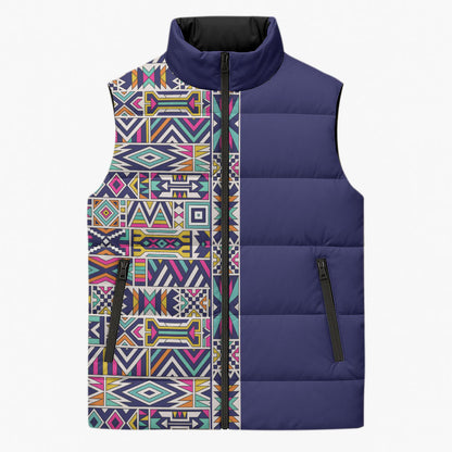 African Ndebele Art Patterns Sleeveless Puffer Jacket Navy Blue Half Style