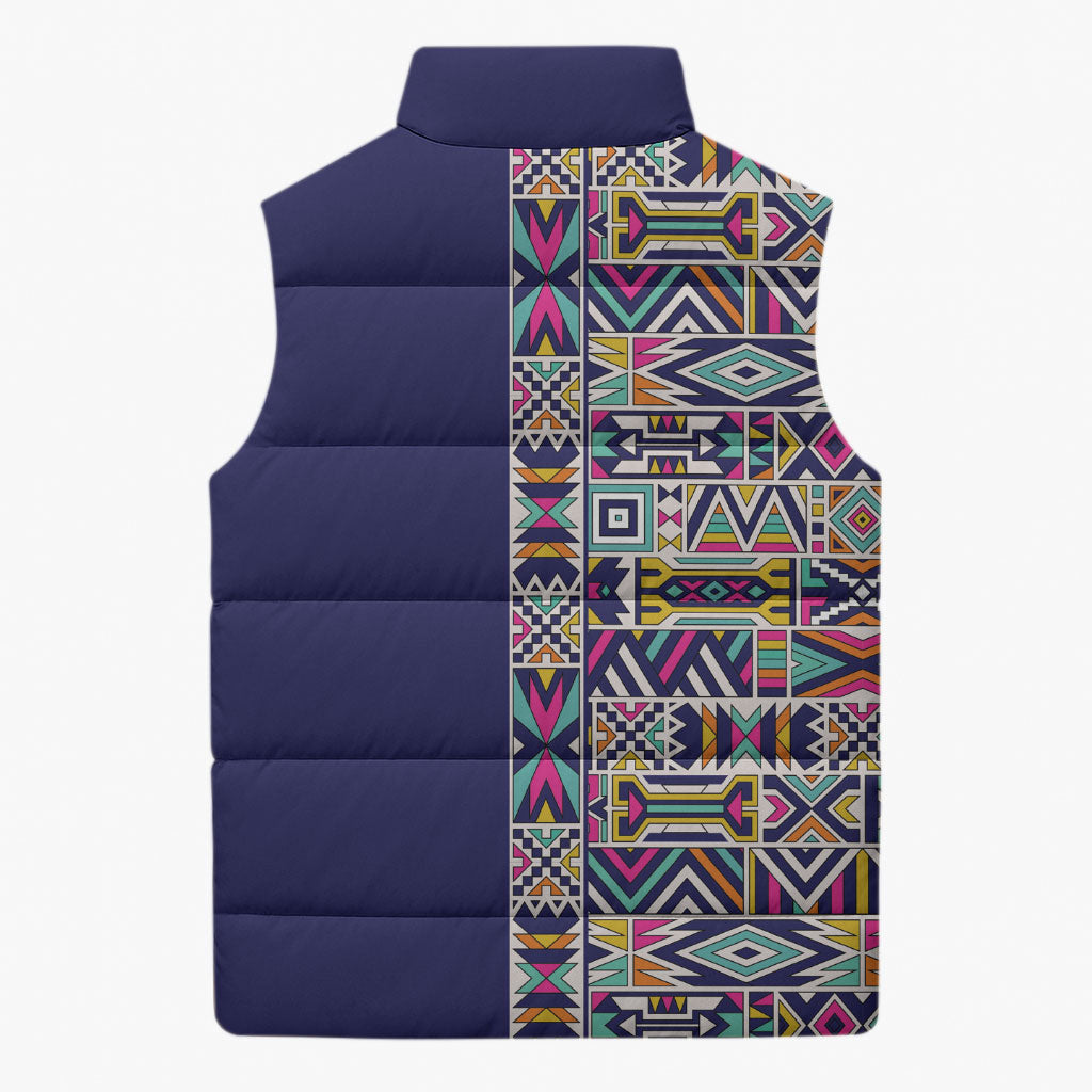 African Ndebele Art Patterns Sleeveless Puffer Jacket Navy Blue Half Style