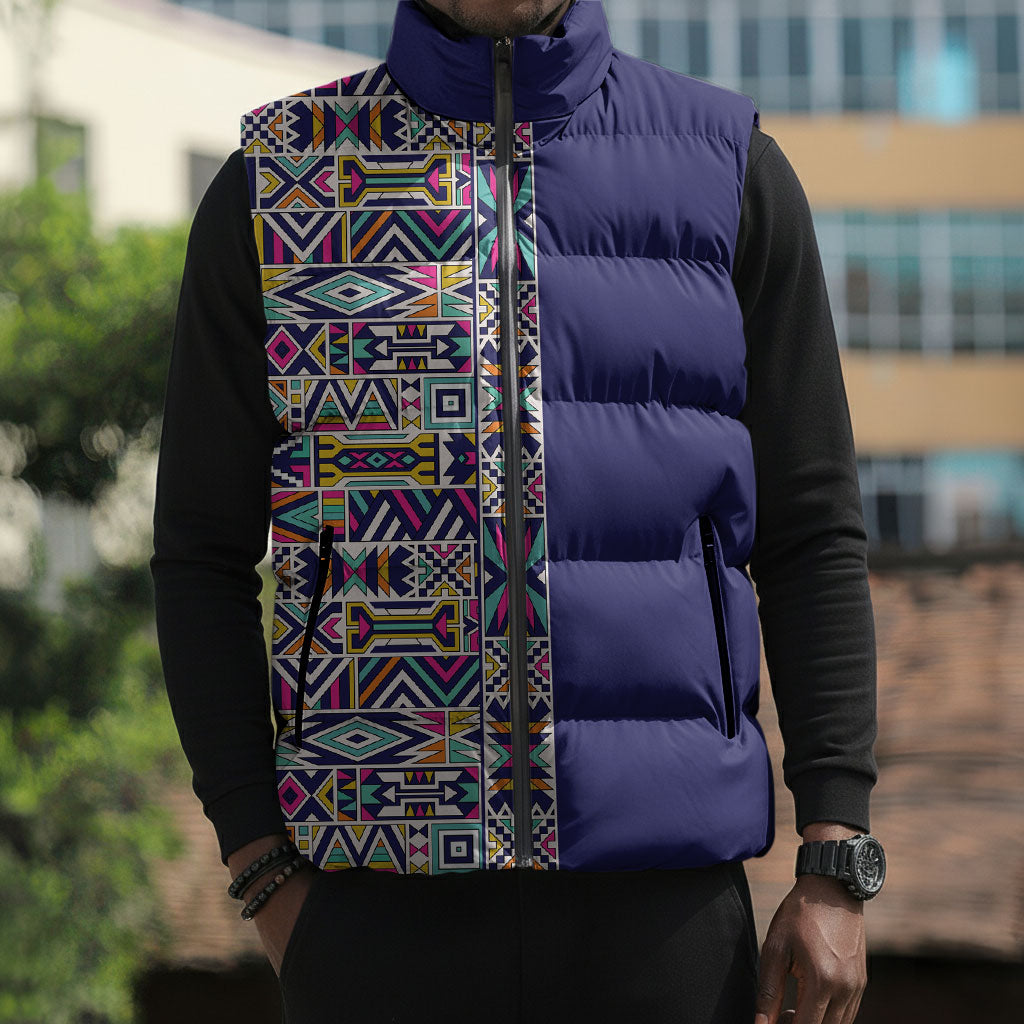 African Ndebele Art Patterns Sleeveless Puffer Jacket Navy Blue Half Style