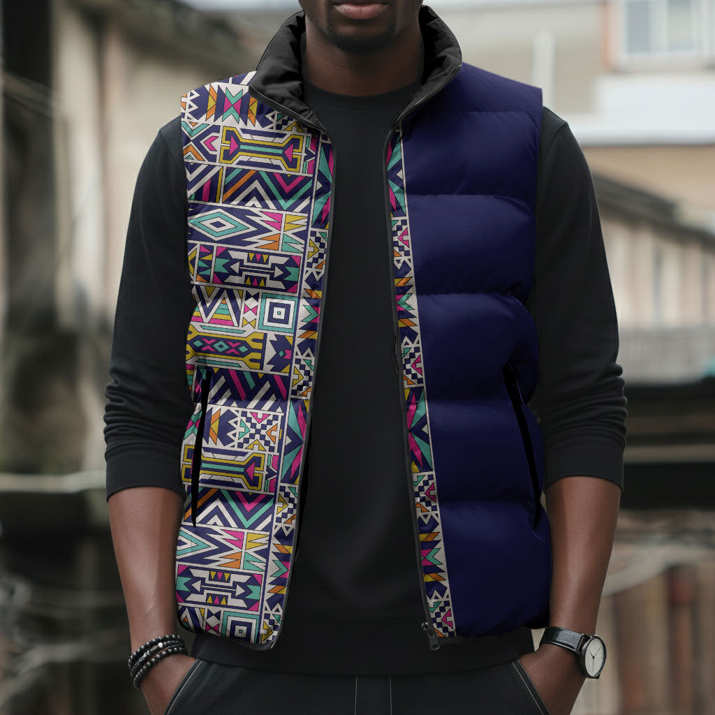 African Ndebele Art Patterns Sleeveless Puffer Jacket Navy Blue Half Style