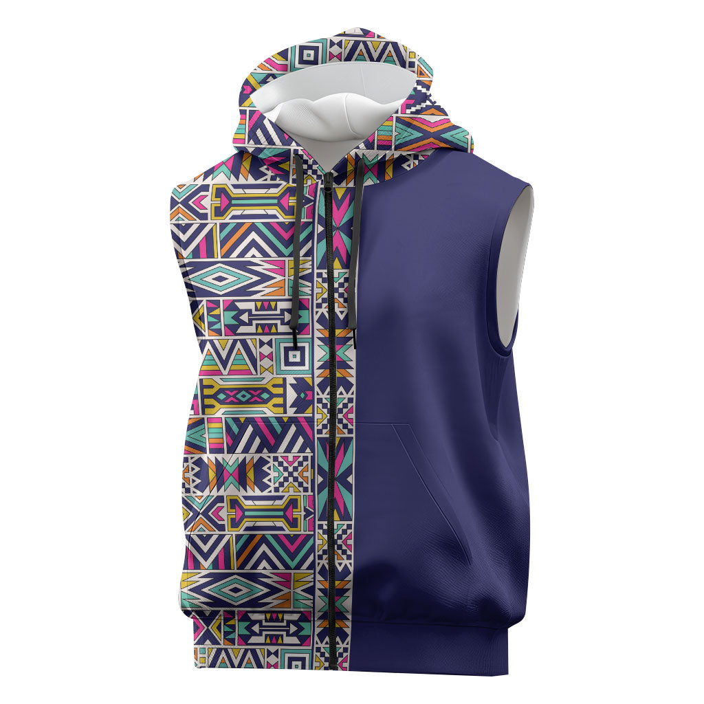 African Ndebele Art Patterns Sleeveless Zip Hoodie Navy Blue Half Style