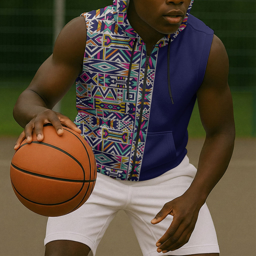 African Ndebele Art Patterns Sleeveless Zip Hoodie Navy Blue Half Style
