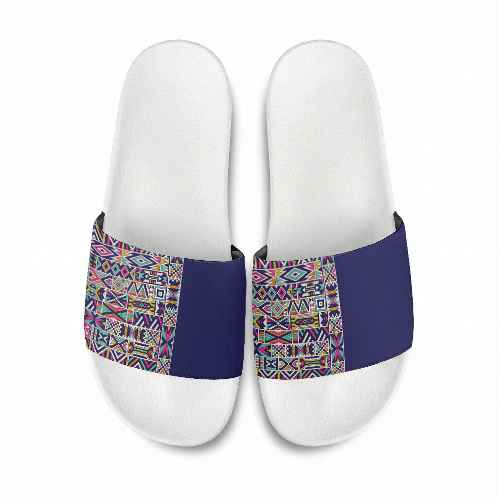 African Ndebele Art Patterns Slide Sandals Navy Blue Half Style
