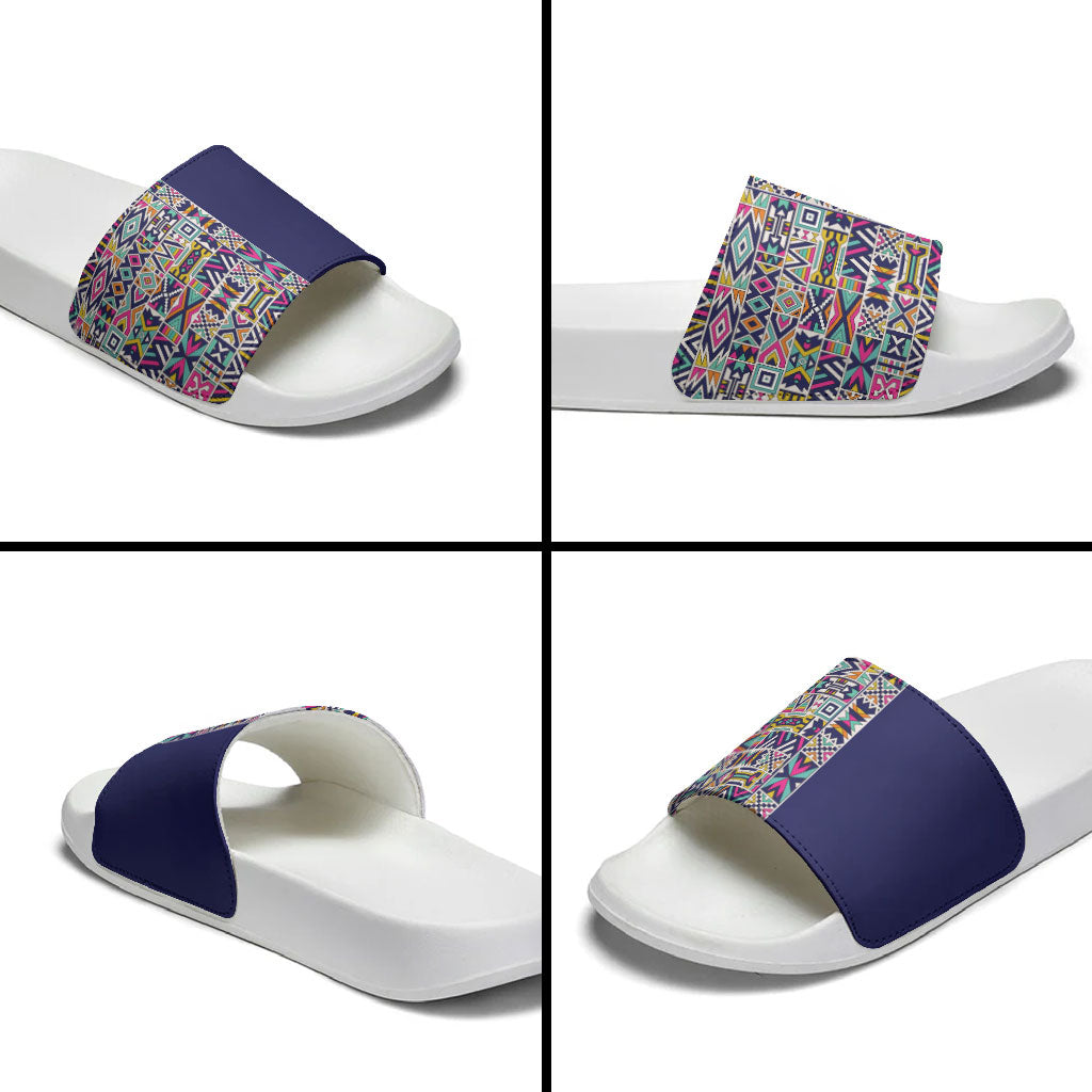 African Ndebele Art Patterns Slide Sandals Navy Blue Half Style