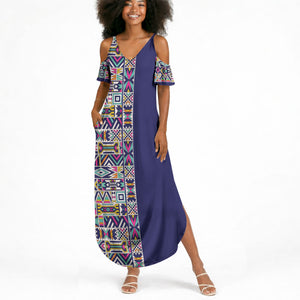African Ndebele Art Patterns Summer Maxi Dress Navy Blue Half Style