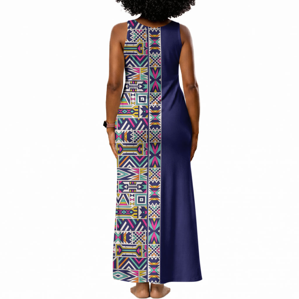 African Ndebele Art Patterns Tank Maxi Dress Navy Blue Half Style