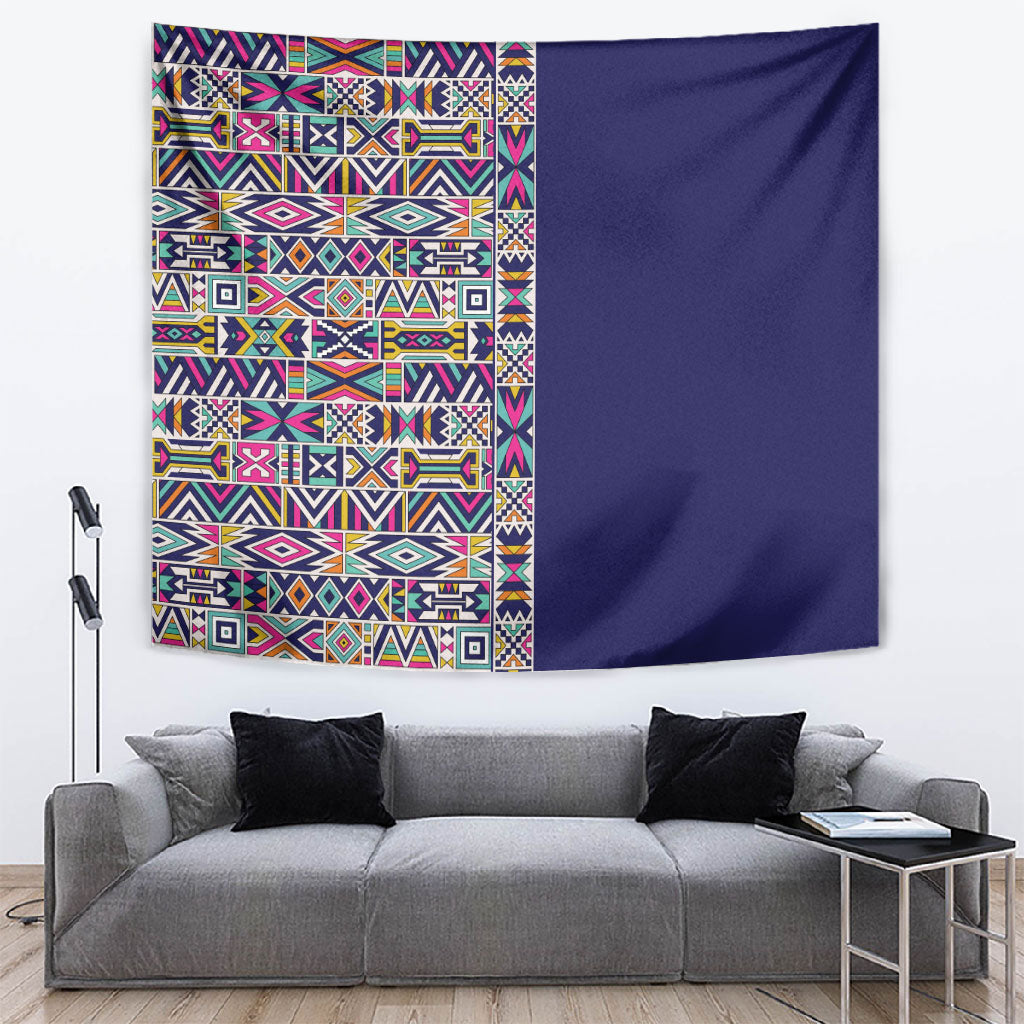 African Ndebele Art Patterns Tapestry Navy Blue Half Style