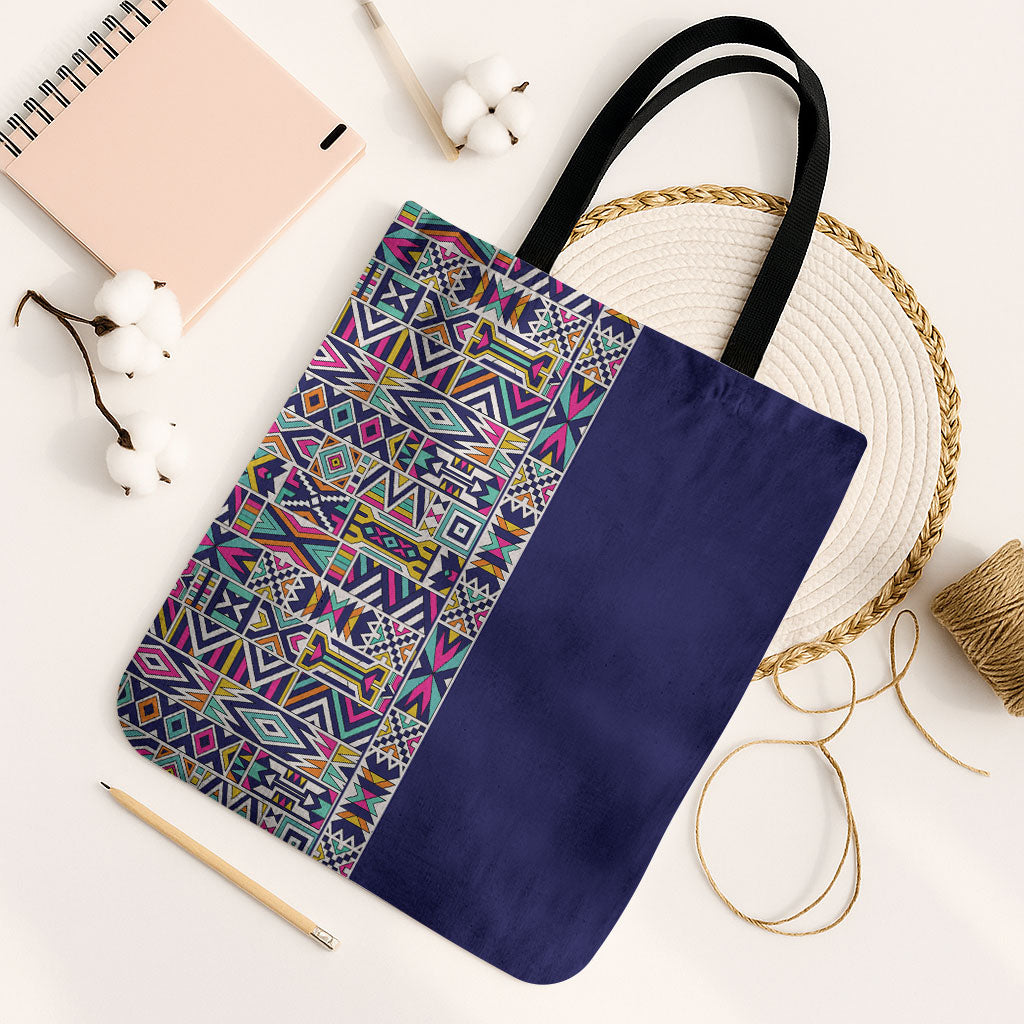 African Ndebele Art Patterns Tote Bag Navy Blue Half Style