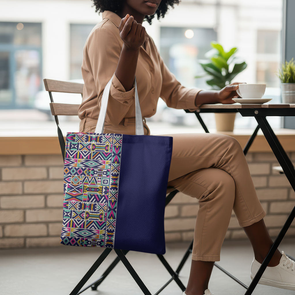 African Ndebele Art Patterns Tote Bag Navy Blue Half Style