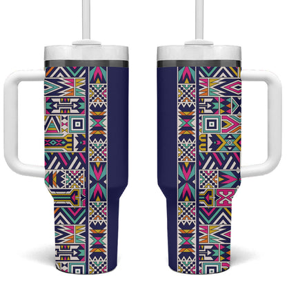 African Ndebele Art Patterns Tumbler With Handle Navy Blue Half Style
