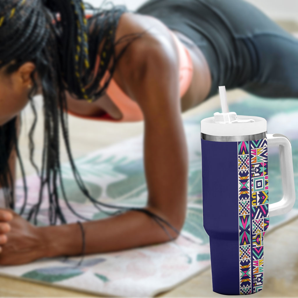 African Ndebele Art Patterns Tumbler With Handle Navy Blue Half Style