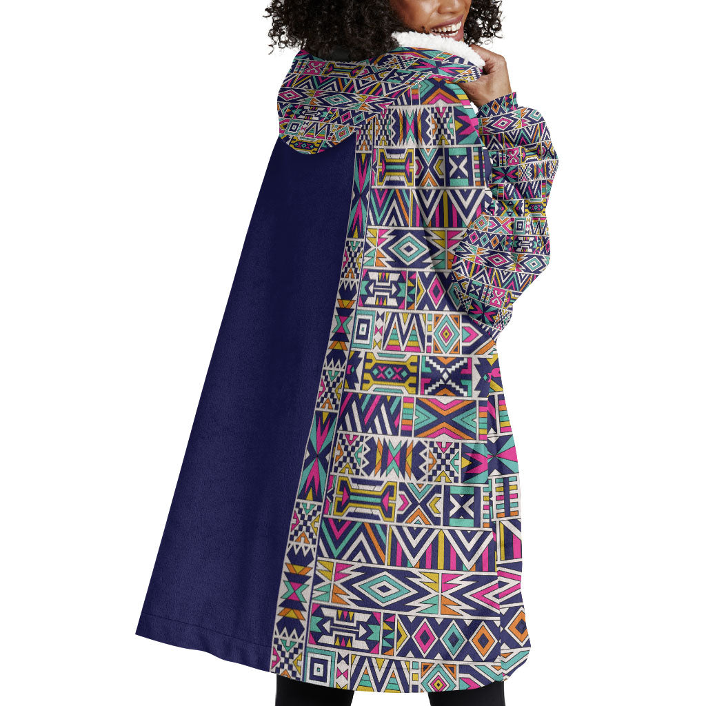 African Ndebele Art Patterns Wearable Blanket Hoodie Navy Blue Half Style