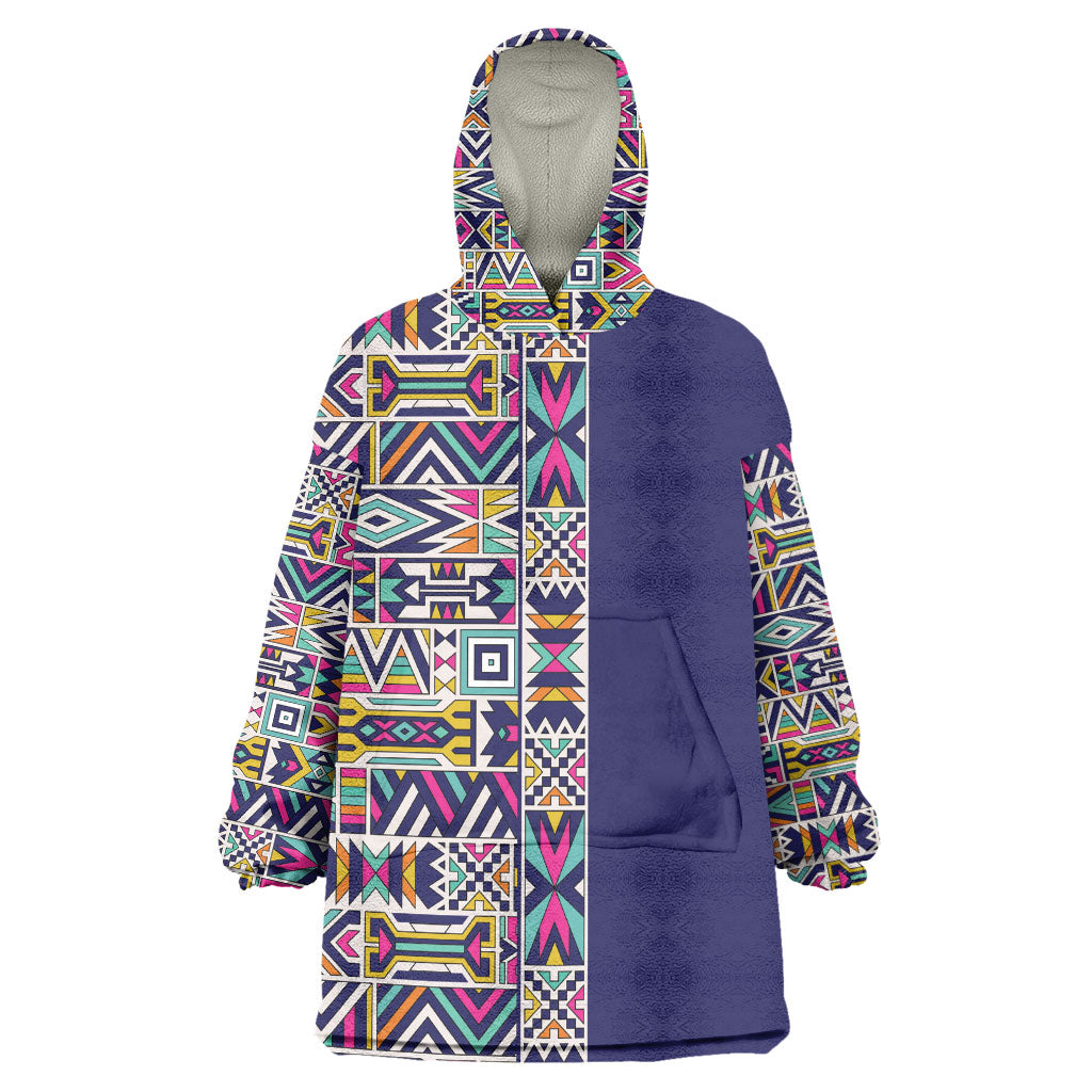 African Ndebele Art Patterns Wearable Blanket Hoodie Navy Blue Half Style