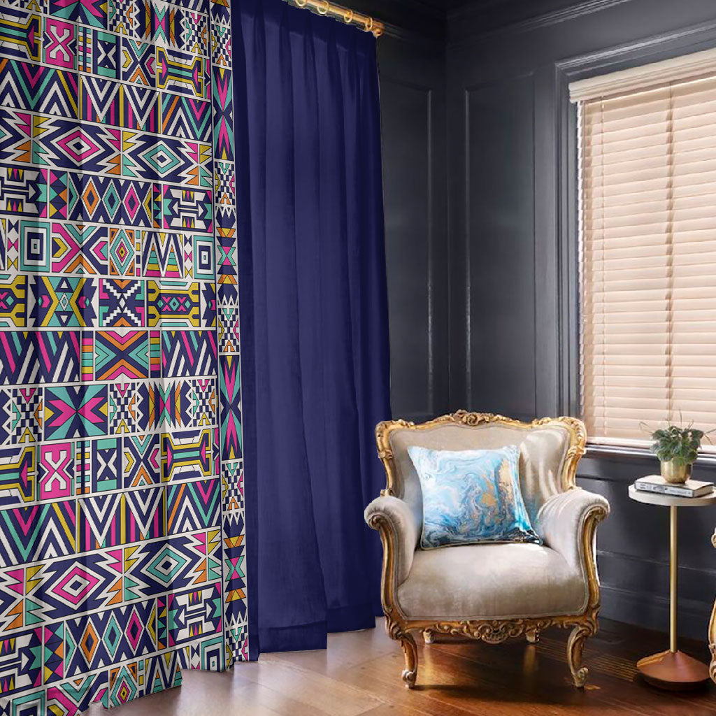 African Ndebele Art Patterns Window Curtain Navy Blue Half Style