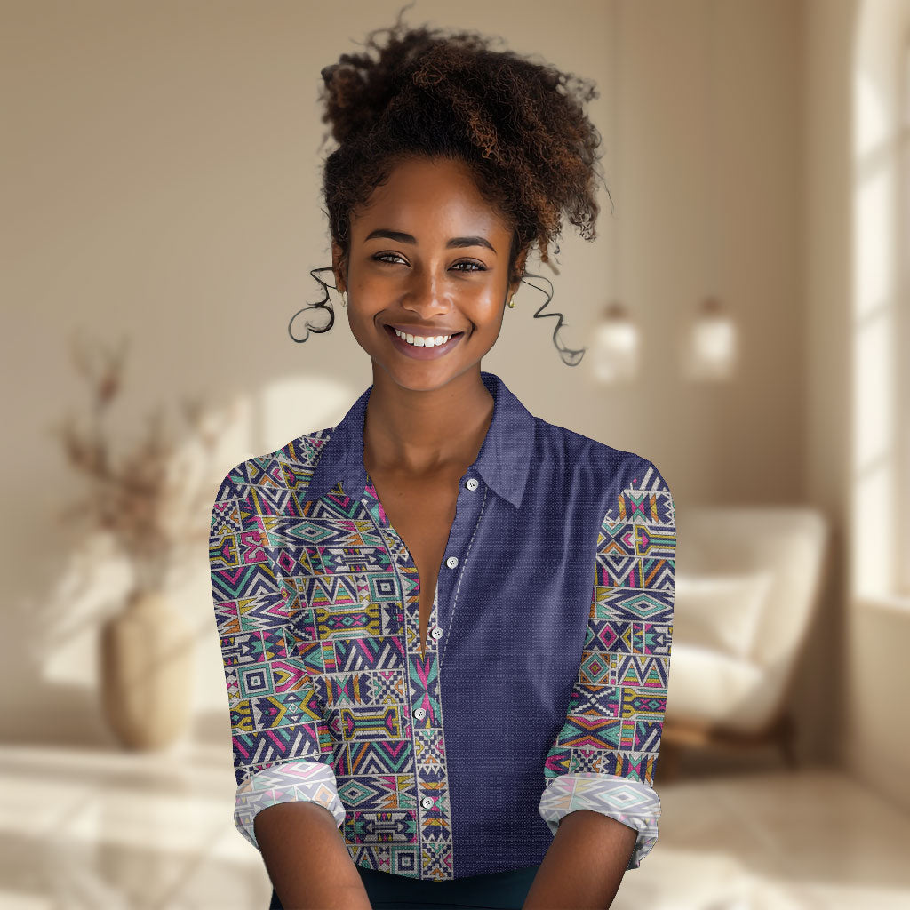 African Ndebele Art Patterns Women Casual Shirt Navy Blue Half Style