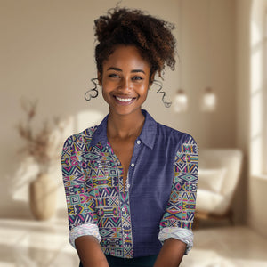 African Ndebele Art Patterns Women Casual Shirt Navy Blue Half Style