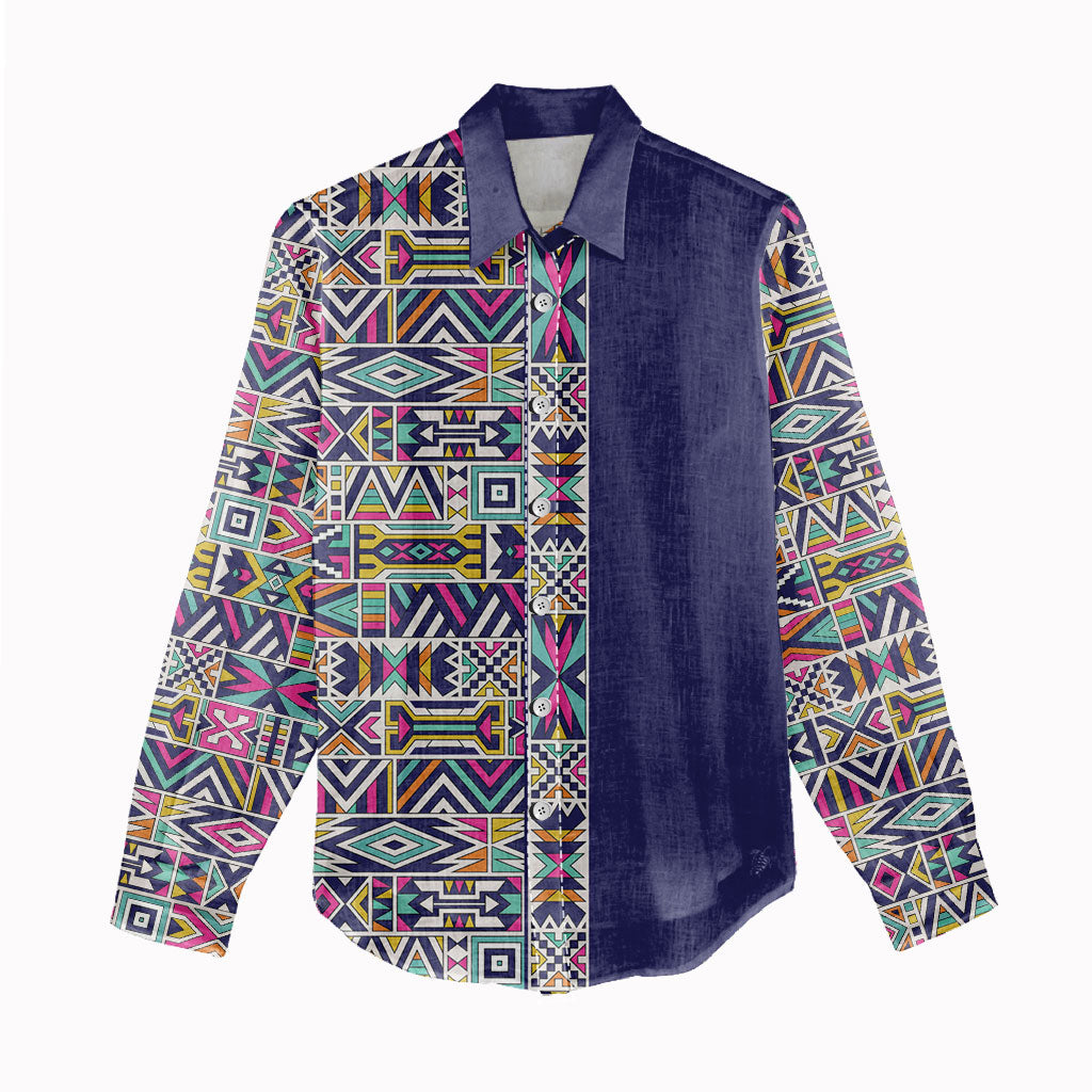 African Ndebele Art Patterns Women Casual Shirt Navy Blue Half Style