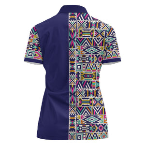 African Ndebele Art Patterns Women Polo Shirt Navy Blue Half Style