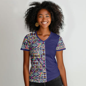 African Ndebele Art Patterns Women V-Neck T-Shirt Navy Blue Half Style