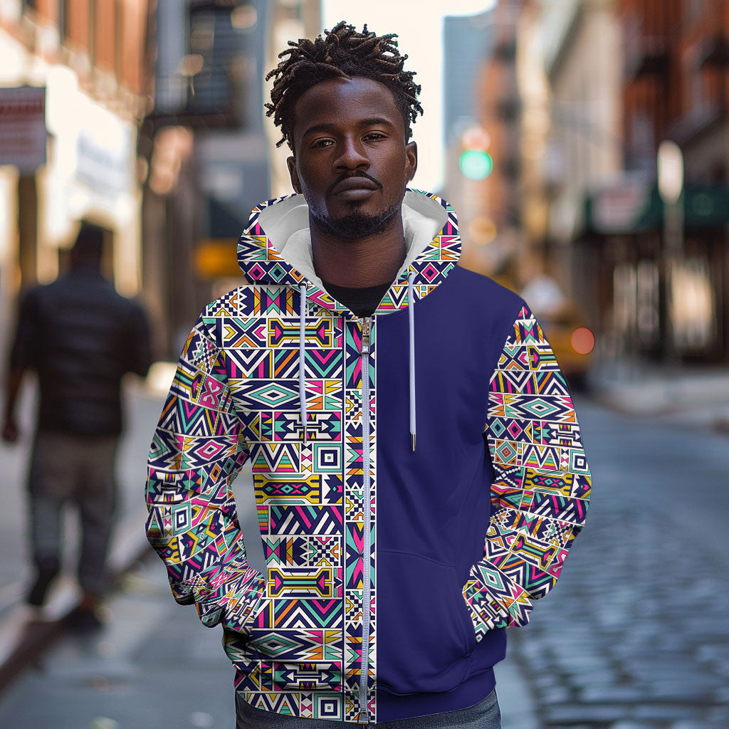 African Ndebele Art Patterns Zip Hoodie Navy Blue Half Style