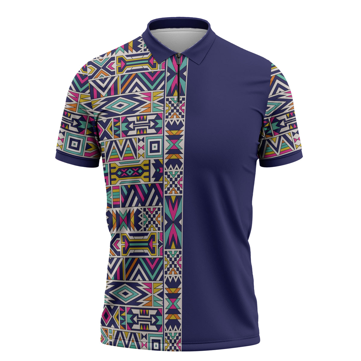 African Ndebele Art Patterns Zipper Polo Shirt Navy Blue Half Style