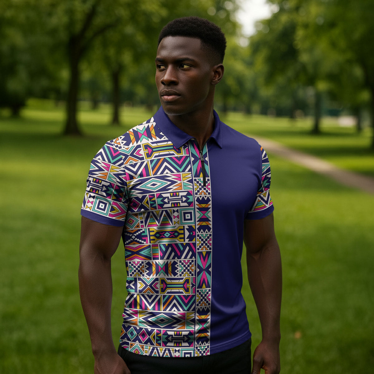 African Ndebele Art Patterns Zipper Polo Shirt Navy Blue Half Style