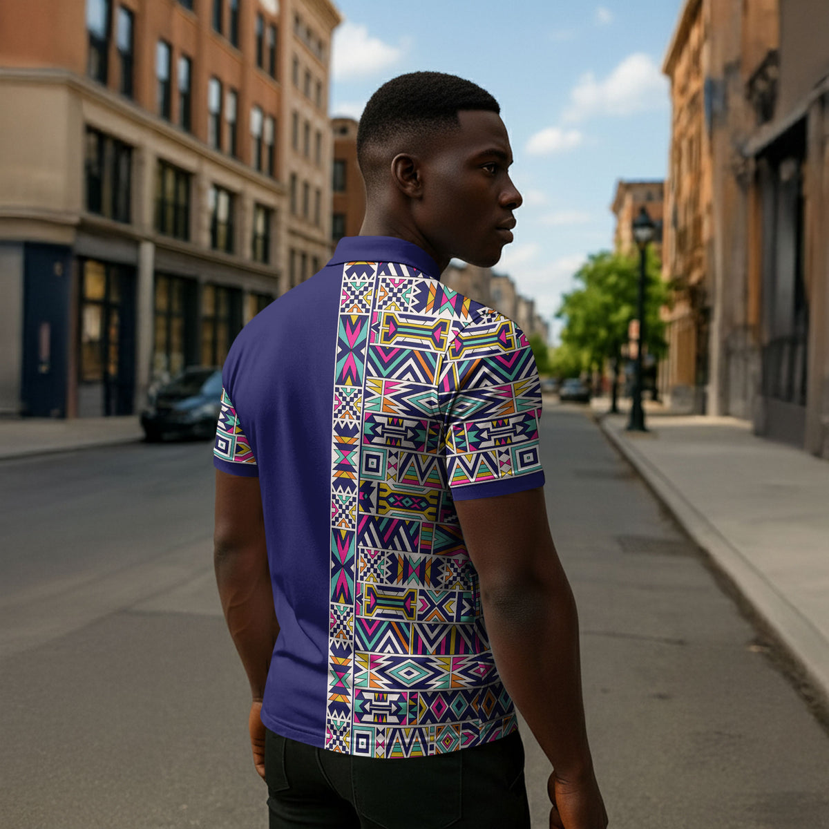 African Ndebele Art Patterns Zipper Polo Shirt Navy Blue Half Style
